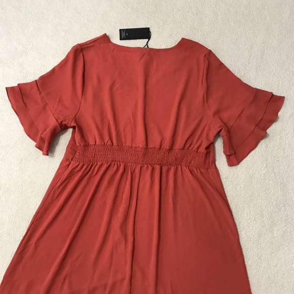 Faux Wrap Midi Dress Ruffle Short Sleeve Burnt Orange Size 2X - Picture 14 of 14